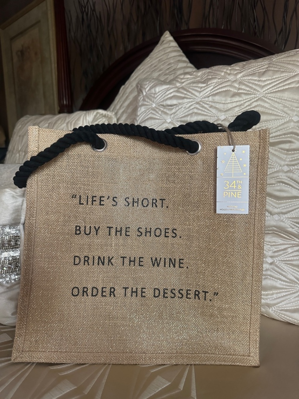 New with tags 34th & Pine Jute Tote Bag with Quote - Natural & Black